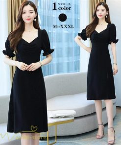 ミディアム | ワンピース レディース 着痩せ 半袖 Vネック カジュアル Aライン おしゃれ ミディアムワンピース エレガント 大きいサイズ 黒 夏 サマーワンピース 夏服 新作