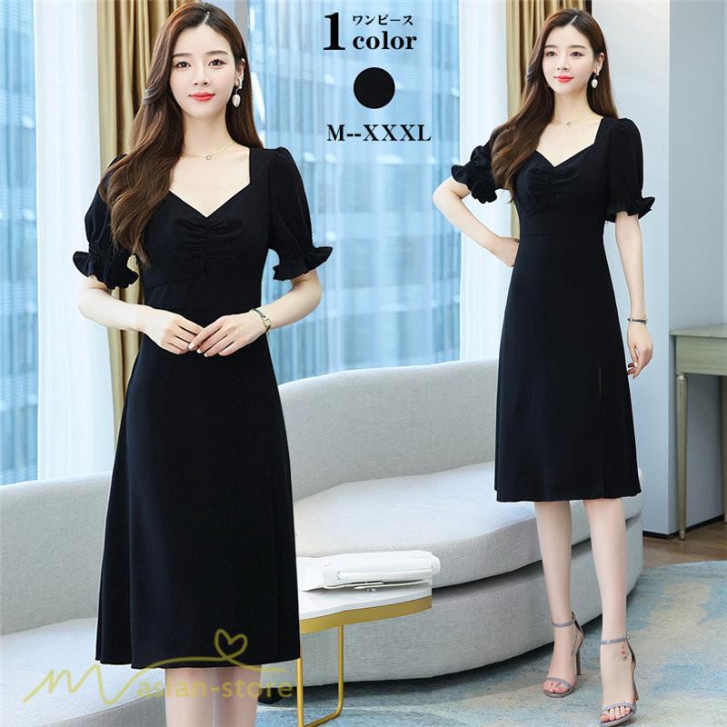 ミディアム | ワンピース レディース 着痩せ 半袖 Vネック カジュアル Aライン おしゃれ ミディアムワンピース エレガント 大きいサイズ 黒 夏 サマーワンピース 夏服 新作