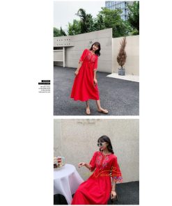 マキシ | ワンピース 半袖 夏物 レディース 秋服 綿麻 刺繍 フレアスリーブ ロングワンピース ミモレ丈 五分袖 ウエストゴム 大人 30代40代 Aラインワンピ リボン付き