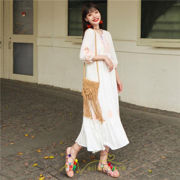 マキシ | ワンピース きれいめ レディース 夏 秋 ロング 上品 大人 七分袖 お出かけ 高見え 赤 白 黄色 上質 20代 50代 40代 ゆったり リゾート 30代 旅行 体型隠し