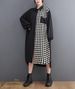 シャツワンピース | ワンピース 長袖 秋 新作 チェック柄 ゆったり 切り替え フリーサイズ ウエストリボン 体型カバー シンプル 大人 バルーンスリーブ 前開き