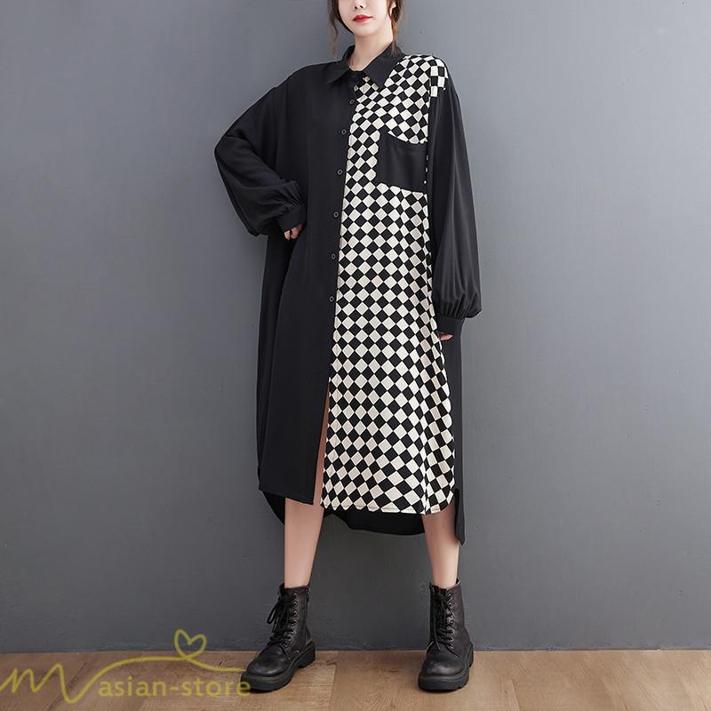 シャツワンピース | ワンピース 長袖 秋 新作 チェック柄 ゆったり 切り替え フリーサイズ ウエストリボン 体型カバー シンプル 大人 バルーンスリーブ 前開き