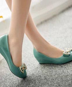 パンプス | ウェッジソールポインテッドトゥ 合皮レザー エナメル レディース ウェッジヒール ストラップなし スリップオン 緑 滑り止めソール 黒