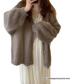 カーディガン | ニットミドル丈 レディース 羽織り ライトアウター 長袖 ニット セーター フロントボタン ボリューム 大きめ ゆったり パフスリーブ