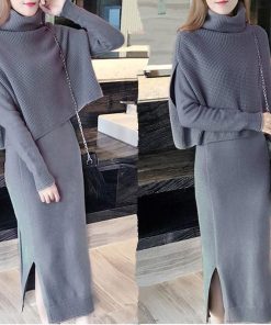 在庫ある | 短納期ニットワンピース ニットトップス 2点セット セットアップ タイトワンピース 裾スリット ハイネックショート丈トップス 長袖 シルエット OL カットソー