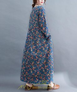 マキシ | ワンピース レディース 大きいサイズ 長袖 ロング丈 マキシ丈 丸首 コットン 花柄 青 夏 秋 体型カバー 着痩せ ゆったり ポケット 美シルエット 広がる裾 通勤