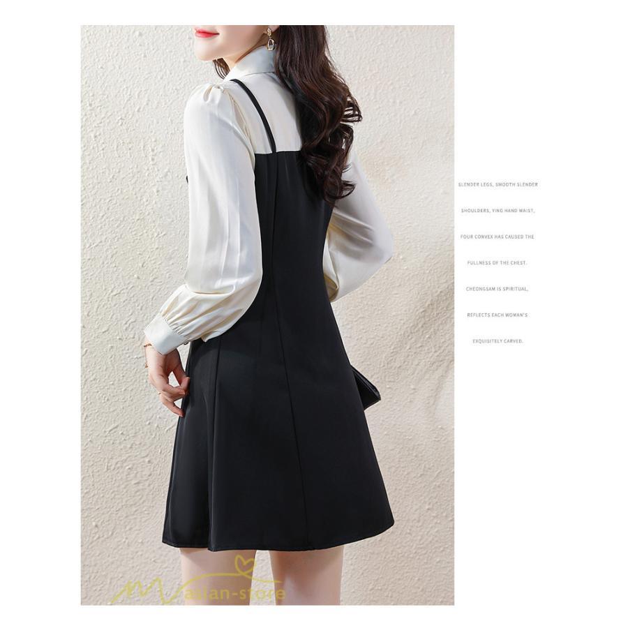 ミニ丈 | 切り替えワンピース 秋 レディース フェイク レイヤード風 ミニワンピース 膝上丈 Aラインワンピース オフィス 可愛い フォーマル エレガント シャツカラー 大人
