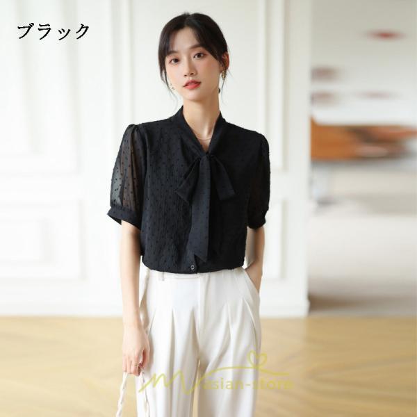 シャツ・ブラウス | ブラウス レディース おしゃれ きれいめ 半袖ブラウス カジュアル 無地 フォーマル オフィス オフホワイト 黒 シフォン OL 蝶結び 通勤 新作 お出かけ ビジネス