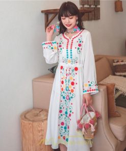 マキシ | ワンピース コットン 長袖ワンピース カジュアル ゆったり ナチュラル シンプル 可愛い 夏 秋 エスニック Vネック 鎖骨 レトロ 黄色 刺繍 白 青 三色展開