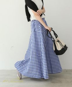 スカート | ロング夏新作 フレア切り替え チェック柄 20代30代 大人 40代50代 可愛い 60代 ゆったり 広い裾 ウエストゴム 6色 春 ダンス舞台 綿 春夏 秋