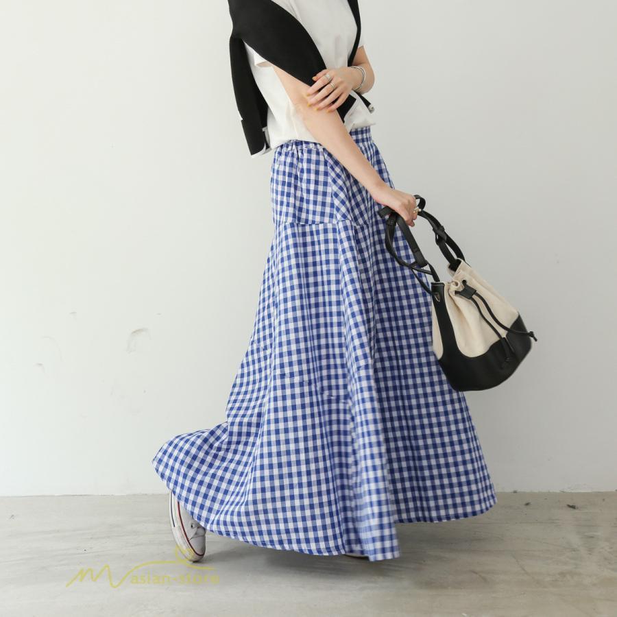 スカート | ロング夏新作 フレア切り替え チェック柄 20代30代 大人 40代50代 可愛い 60代 ゆったり 広い裾 ウエストゴム 6色 春 ダンス舞台 綿 春夏 秋