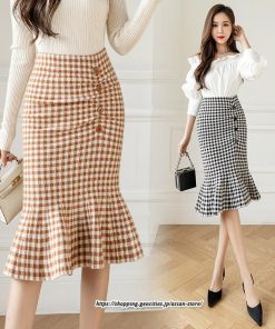 スカート | マーメイドニットレディース ひざ丈 チェック柄 おしゃれ かわいい レディース ボトムス 2022年秋冬 ニット きれい