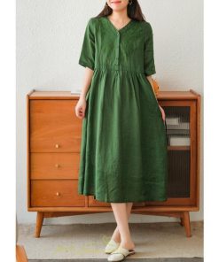 ミディアム | ワンピース レディース 夏新作 半袖 五分袖 ミモレ丈 刺繍 無地 Aラインワンピース ギャザー ゆったり Vネック ウエストリボン付き 調整可 40代 綿麻 30代