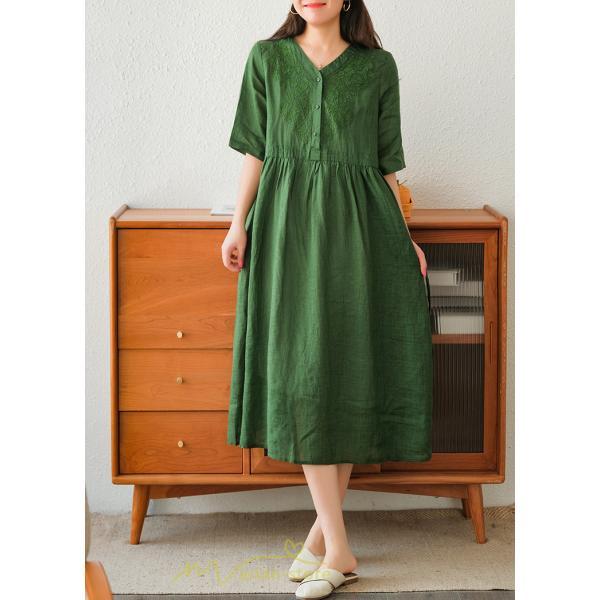 ミディアム | ワンピース レディース 夏新作 半袖 五分袖 ミモレ丈 刺繍 無地 Aラインワンピース ギャザー ゆったり Vネック ウエストリボン付き 調整可 40代 綿麻 30代
