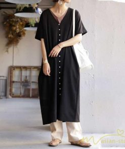 マキシ | ワンピース 五分袖 ロングワンピース レディース 秋物 夏 羽織り ゆったり 大きめ ポケット Aラインワンピース 30代40代50代 無地 可愛い 落ち感 Vネック 大人