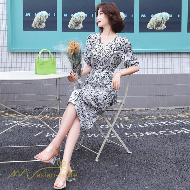 ミディアム | ワンピース レディース 着痩せ 花柄 Vネック 半袖 膝丈 サマーワンピース きれいめ エレガント 30代 40代 50代 大人 春 薄手 ひざ丈 お出かけ 上品 夏 デート