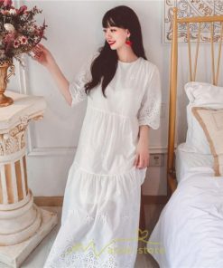 マキシ | ワンピース レース 丸首 刺繍 ロングワンピース レディース 夏秋 結婚式 きれいめ フォーマル 大人 上品 綿麻 白 黄色 コットン ピンク かわいい リネン