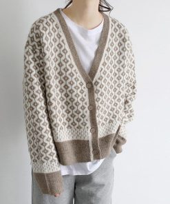 カーディガン | ニットトップス ニット長袖 幾何学柄 配色ダイス柄 羽織り アーガイル柄 春秋冬 ジャガードレディース