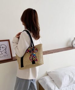 ハンドバッグ | 草編みバッグ リボン スカーフ付き かごバッグ 手提げバッグ レディース ストローバッグ 大容量 トートバッグ ハンドバッグ