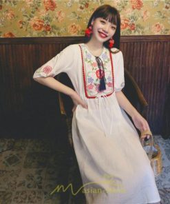 マキシ | ワンピース レディース 刺繍 綿麻 レトロ調 インスタ映え ナチュラル エスニック風 民族風 ボヘミアン 柔らかい SNS映え リゾート 赤 黄色 撮影 白