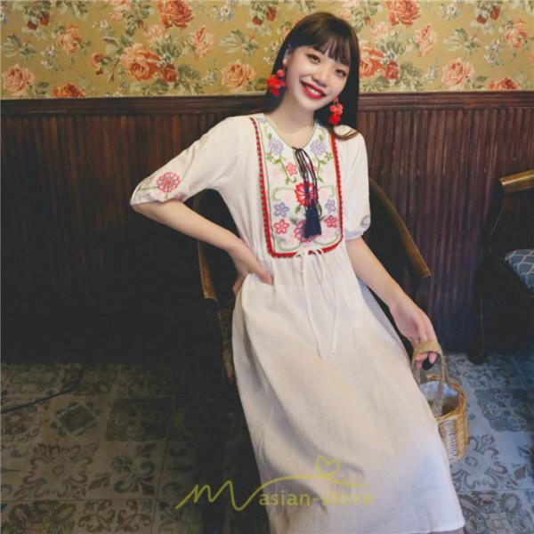 マキシ | ワンピース レディース 刺繍 綿麻 レトロ調 インスタ映え ナチュラル エスニック風 民族風 ボヘミアン 柔らかい SNS映え リゾート 赤 黄色 撮影 白