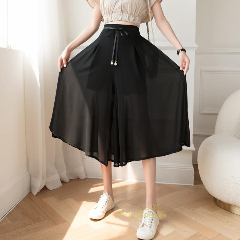 ワイドパンツ | ガウチョパンツ 無地 レディース ボトムス ハイウエスト ゆったり パンツ シフォンパンツ 涼しい 夏新作 さらさら カジュアル 30代40代 体型カバー