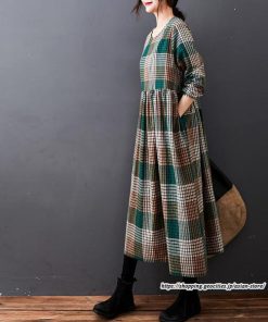 マキシ | チェック柄ワンピースリネン風 長袖ワンピース 30代レディース秋物長袖 綿麻風 ゆったり ゆるシルエット 大人 可愛い 通学通勤 リネンワンピ チェック柄 50代