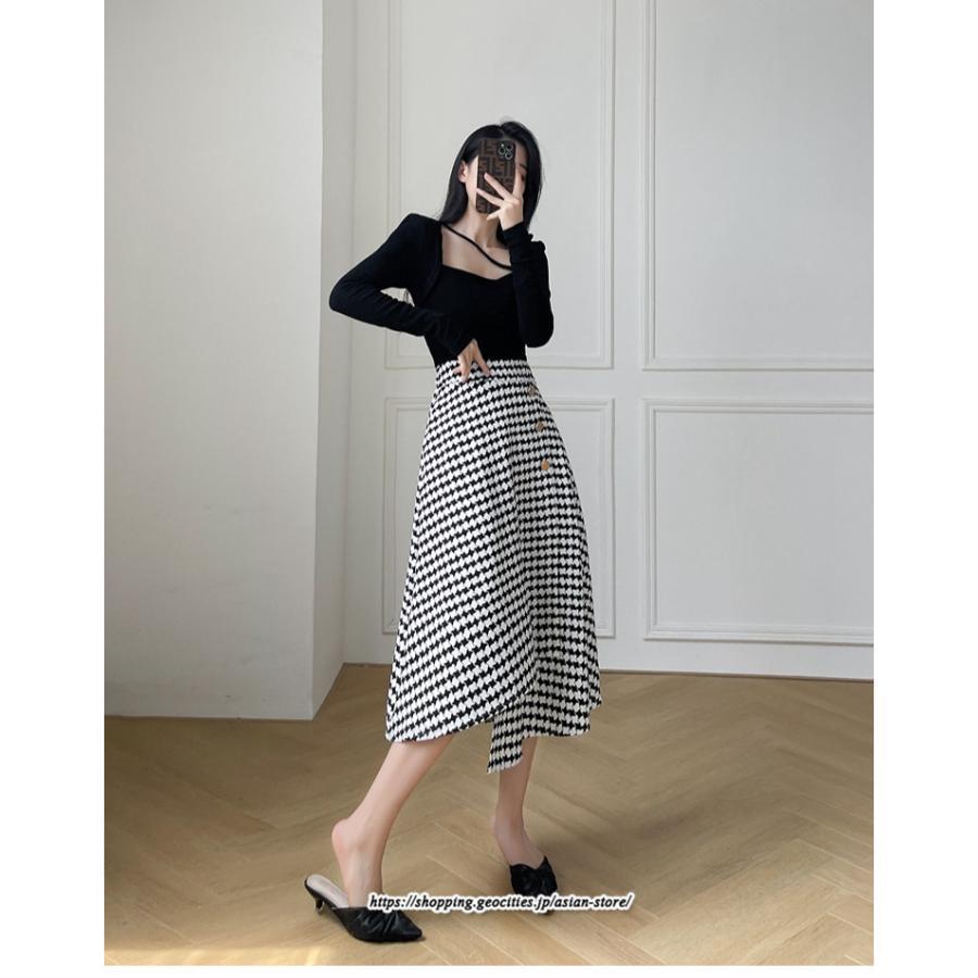 スカート | ロングきれいめ レディース ロング丈 Aライン 20代 30代 40代 50代 秋 冬 千鳥格柄 細見え 可愛い ハイウエスト お出かけ 高見え