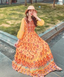 マキシ | マキシ丈ワンピース 夏 リゾート 花柄 ロング丈ワンピース ロング 七分袖 民族風 エスニック風 体型カバー 可愛い おしゃれ フェミニン 着痩せ 上品