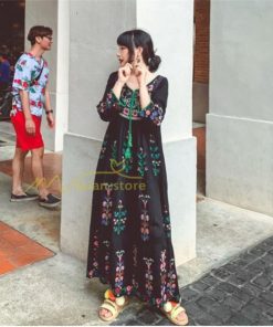 マキシ | ワンピース リゾートワンピ レディース ボヘミア風　休暇 長袖 無地 マキシ丈 復古風 上品 体型カバー  ブラック　パプール 花柄 Vネック 刺繍 ホワイト