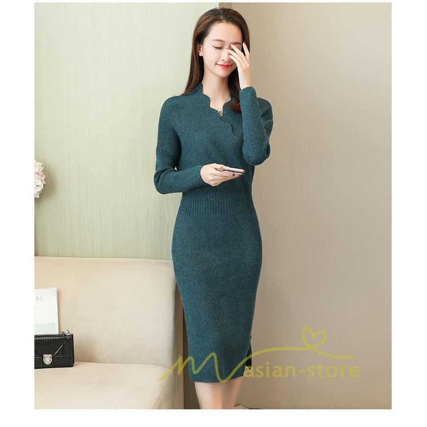 在庫ある | 短納期ニットワンピース 膝丈ワンピース タイトワンピース 長袖 インナー カットソー Vネック エレガント 着痩せ シルエット ビジネスオフィスフォーマル