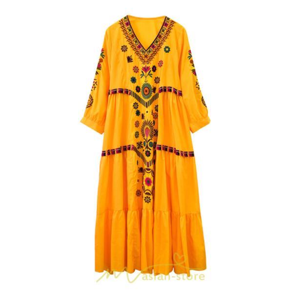 マキシ | ワンピ ワンピース ロング丈 七分袖 レディース 大人 おしゃれ きれいめ お出かけ 大人可愛い 白 青 赤 春夏秋 旅行 20代30代40代 民族風 オレンジ 海