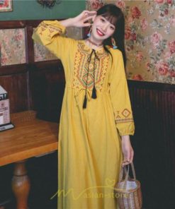 マキシ | ワンピース レディース 刺繍 綿麻 レトロ調 インスタ映え ナチュラル エスニック風 民族風 ボヘミアン 撮影 リゾート 柔らかい ウエストリボン長袖 イベント