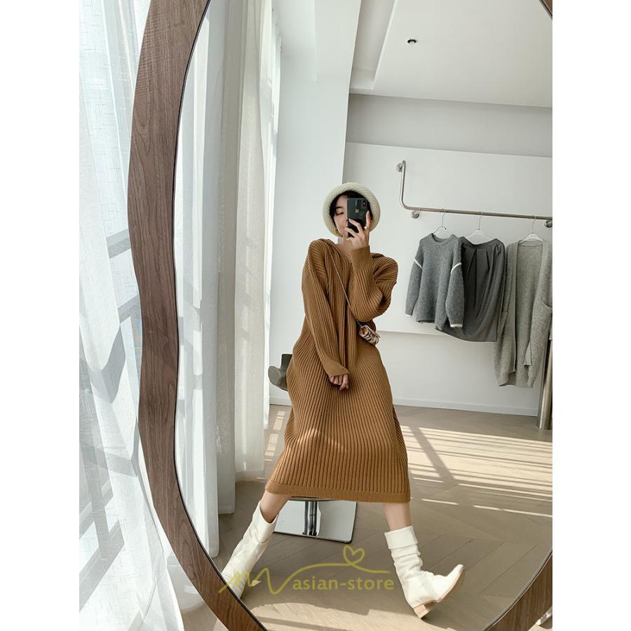 ニットワンピース | ワンピース 春 春服 レディース 長袖 ゆったり 秋 冬 ロング丈 可愛い おしゃれ 韓国風 着痩せ お出かけ 暖か 体型カバー 韓国ファッション