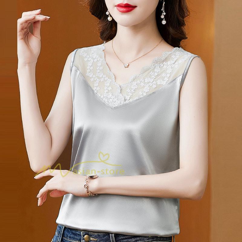 キャミソール タンクトップ | トップス タンクトップ レディース ノースリーブ Vネック Vネックタンク 20代30代40代50代 ママ 母 インナー カジュアル お出かけ カシュクール レース付き