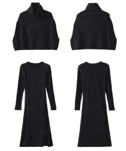 在庫ある | 短納期ニットワンピース ニットトップス 2点セット セットアップ タイトワンピース 裾スリット ハイネックショート丈トップス 長袖 シルエット OL カットソー