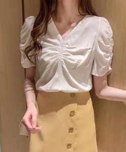 シャツ・ブラウス | シャツ ブラウス レディース バルーンスリーブ 半袖ブラウス Vネック トップス ファッション 無地 シャーリング サマー 通学 通勤 着痩せ 着回し 2020夏新作