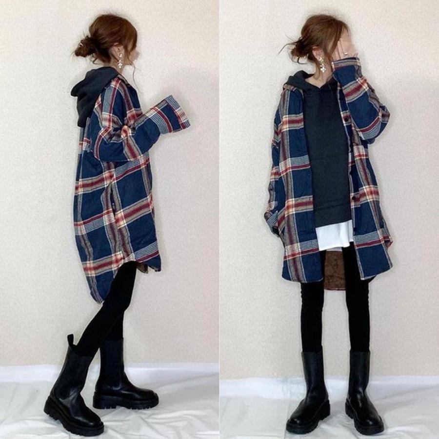 シャツ・ブラウス | チェックシャツ 裏起毛 厚手 レディース シャツ ミドル丈 シャツジャケット アウター 長袖 暖かい トップス 秋冬 ゆったり チュニック丈 チェック柄 20代 大人