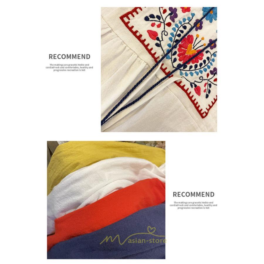 マキシ | ワンピース ロングワンピ パーティー お呼ばれ デート ゆったり 女子会 食事会 白 赤 黄色 青 Aライン 長袖 エスニック風 2022年夏秋新作 刺繍 Vネック 綿麻