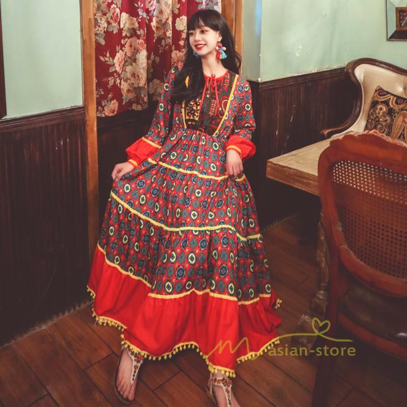 マキシ | ワンピース レディース 春夏 マキシワンピース 長袖ワンピース 綿麻 無地 Aライン フレアワンピース ハイウェスト エスニック ボヘミア風 ロング リゾート