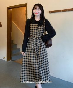 マキシ | ワンピース レディース 大きいサイズ チェック柄 リボン フレア 切り替え 重ね着風 レイヤード風 秋コーデ 秋 可愛い 若見え 冬 オシャレ 着痩せ