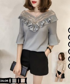 シャツ・ブラウス | 夏ブラウス 五分袖 フレアスリーブ ベージュ 可愛い 30代40代 レディースシャツ 夏服