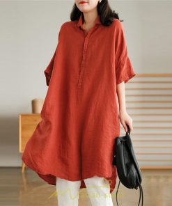 送料無料SALE | ワンピース 夏シャツ レディース 五分袖 シャツワンピース 綿麻 無地 プルオーバー 体型カバー ゆったり 大きめ 夏服 ポケット 30代40代 膝丈 おしゃれ 前後差