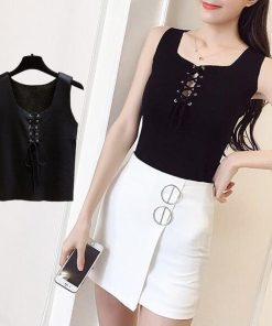 Tシャツ・カットソー | ニットキャミソール レースアップ 春夏 ノースリーブ レディース ニットビスチェ タンクトップ トップス