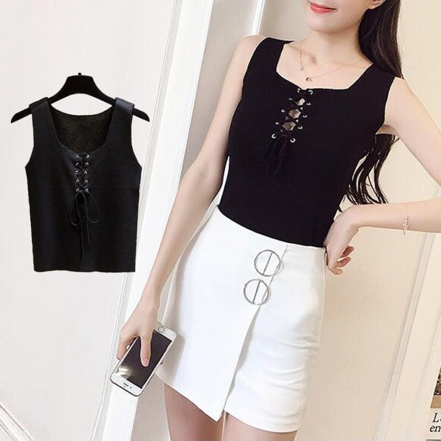 Tシャツ・カットソー | ニットキャミソール レースアップ 春夏 ノースリーブ レディース ニットビスチェ タンクトップ トップス