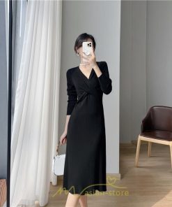 ニットワンピース | 二ットワンピース レディース ニットワンピ Vネック 長袖 トップス チュニック ロング丈 ミモレ丈 着痩せ 秋 冬 コーデ 20代30代40代 フェミニン 上品 大人