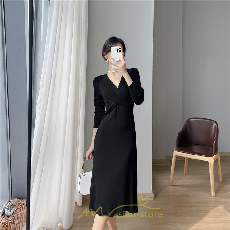 ニットワンピース | 二ットワンピース レディース ニットワンピ Vネック 長袖 トップス チュニック ロング丈 ミモレ丈 着痩せ 秋 冬 コーデ 20代30代40代 フェミニン 上品 大人