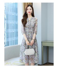 ミディアム | ワンピース 膝丈 花柄 きれいめ 5分袖 カジュアル Aラインスカート 上品 着痩せ ミディアムワンピース お出かけ シフォン 日常感 通気性 大人 エレガント