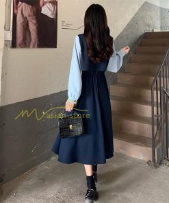 マキシ | ロングワンピース 秋物 レディース ミモレ丈 Aラインワンピース 切り替え フェイク レイヤード風 お呼ばれワンピース 30代40代 着やせ シャツカラー 重ね着風