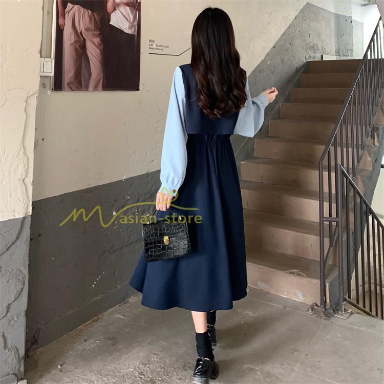 マキシ | ロングワンピース 秋物 レディース ミモレ丈 Aラインワンピース 切り替え フェイク レイヤード風 お呼ばれワンピース 30代40代 着やせ シャツカラー 重ね着風